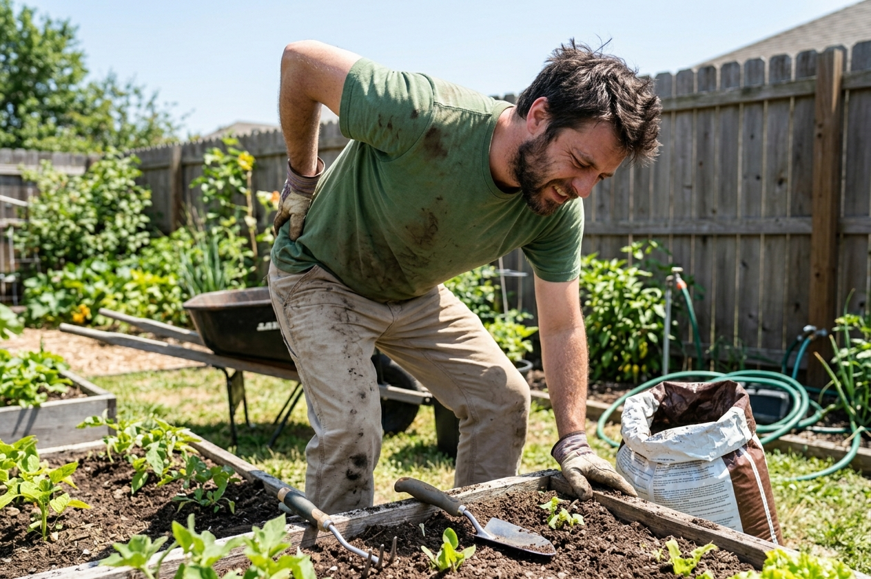 Man grimacing in back pain while gardening, holding his lower back