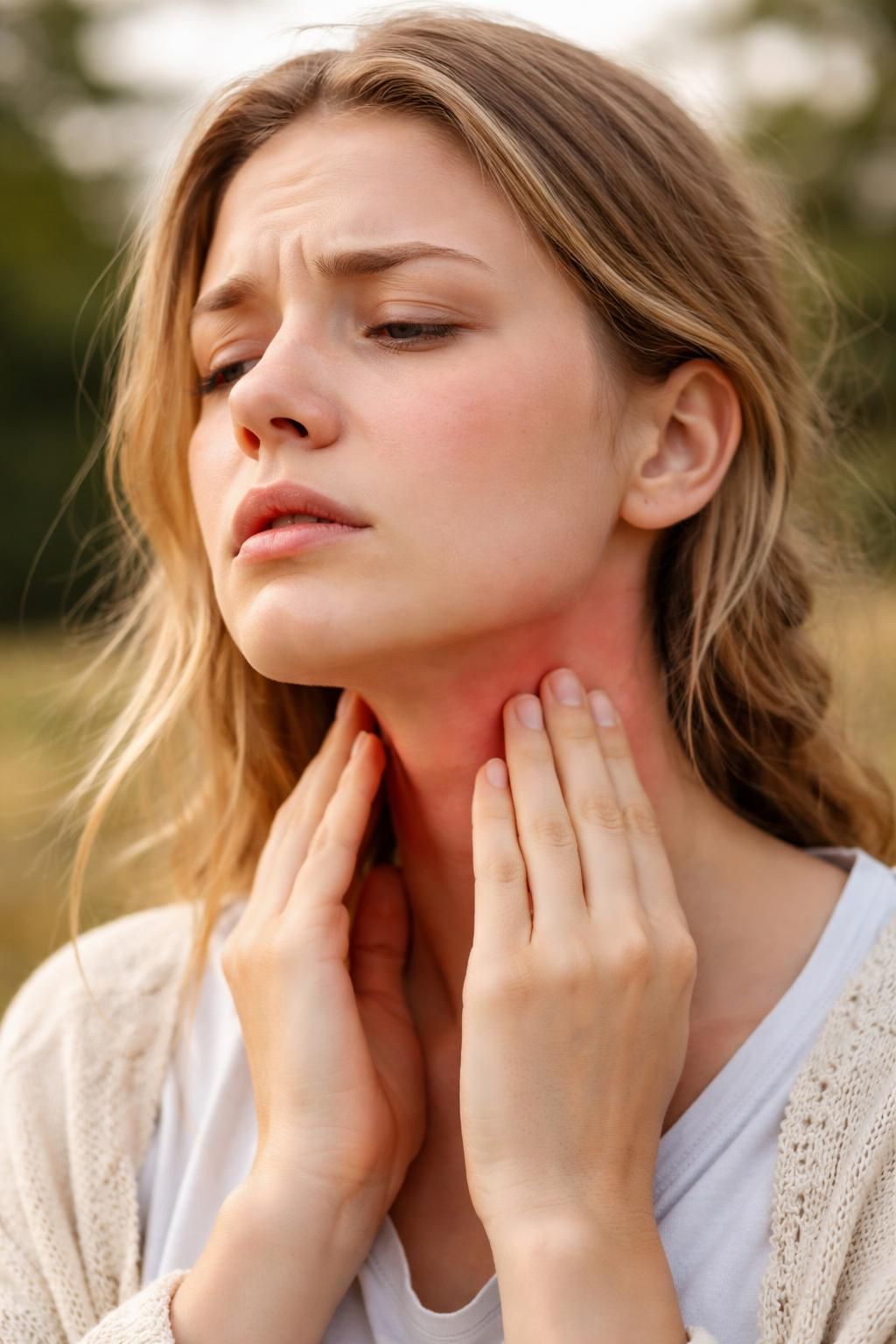 Person taking a calming breath outdoors during allergy season