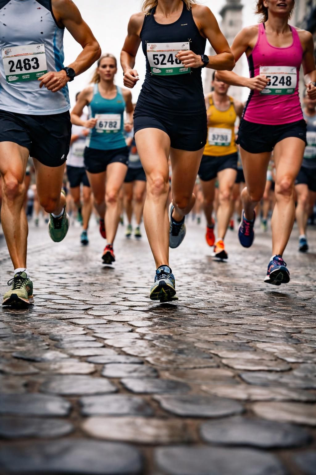 Pack of runners with race bibs on wet Brussels cobblestones during the 20km de Bruxelles