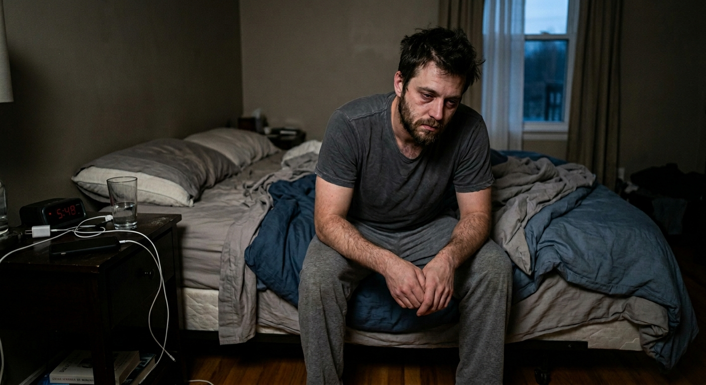 Man exhausted on the edge of his bed, unable to sleep